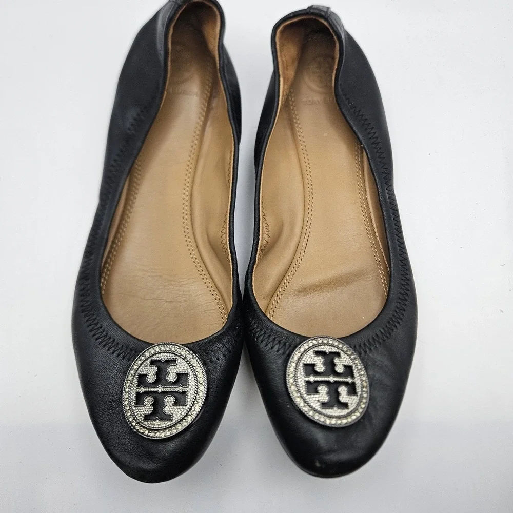 Tory Burch Liana Black Leather Ballet Flats Logo Quiet Luxury Old Money Sz 8.5M